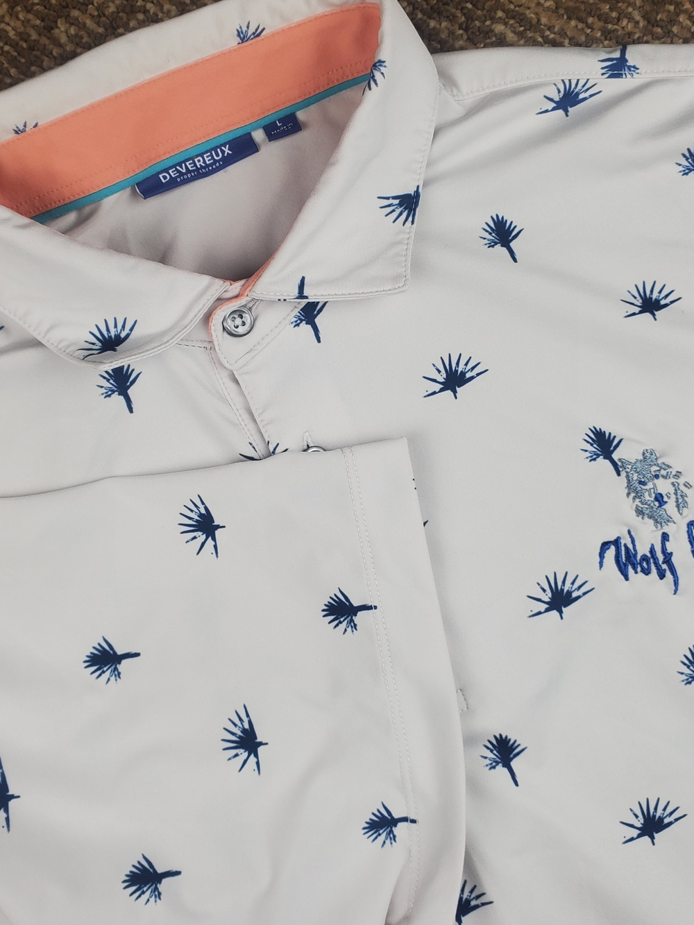 Devereux Golf Polo Shirt Mens Large White Palm Tree Print Wolf Creek Stretch